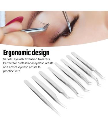 8-Part Stainless Steel Eyelash Extension Tweezers Set - Fine Lace Silver Tweezers for Perfect Eyelash Application - Buy Online on SooperMarket.com