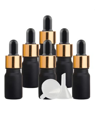 ZEOABSY 6 Pieces 5ml Empty Frosted Black/Gold Glass Dropper Bottles with Glass Pipette for Essence Essential Oil Elite Fluid Travel Cosmetics Storage Containers