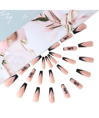 Brishow Pink Long Press-On Nails with Black Dragon French Design | 24-Piece Artificial Nails for Women & Girls - Buy Online on SooperMarket.com