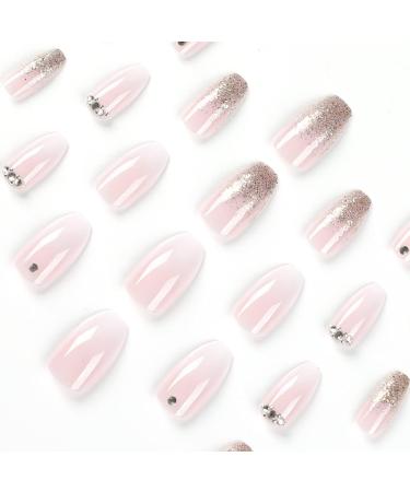 Justotry Glitter Fake Nails - 24 pcs Medium Peach Pink French Press On Nails with Jewels | Ballerina Long Stick On Nails for Women | Acrylic Coffin False Nails with Glue for Nail Art - Buy Online on SooperMarket.com