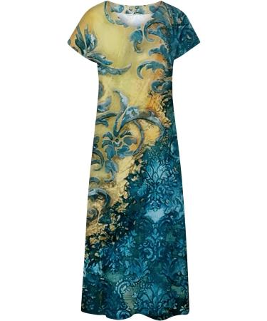 Women's Floral Maxi Dress - Blue Small, V Neck, Side Split, Short Sleeve Lounge Dress - Buy Online on SooperMarket.com