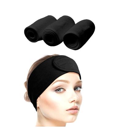 Queta hair band for make up cosmetic headband terry cloth adjustable hair protection band with velcro fastener 3pcs (black)