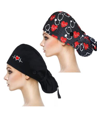 YUESUO 2 Pack Working Cap with Buttons and Sweatband Cotton Working Hats with Adjustable Ponytail Pack Ribbon Tie Back Hats for Women & Men Long Hair Head Covers Shower Caps (M)