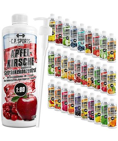 C.P.Sports beverage syrup for mineral drink i syrup sugar-free for vital drink apple cherry with vitamins i beverage concentrate for mixing with water for sports drink i 1 liter + pump dispenser apple cherry 1 l (1 Pack)