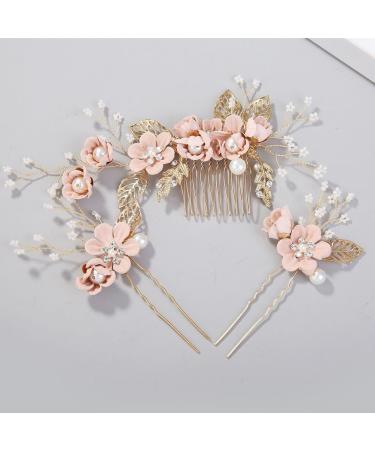 STOBOK Pack of 4 Vintage Gold Flower Pearl Hair Comb Crystal Hairpins Bridal Headpieces Wedding Hair Accessories for Women - Pink Flower - Buy Online on SooperMarket.com