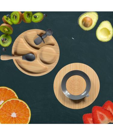 77 Star Bamboo Baby Weaning Set - Suction Bowl, Plate, Spoon & Fork | Non-Slip Baby Feeding Set with Detachable Suction Base | Grey Color - Buy Online on SooperMarket.com