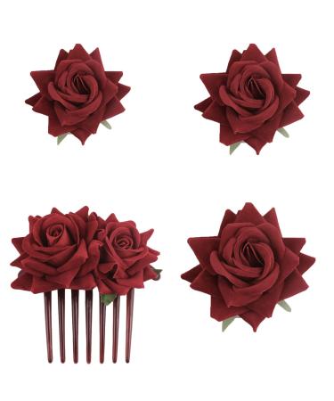 SUNTRADE 4 Pieces Women Rose Hairpin Bridal Rose Brooch Hair Clip Wedding Floral Clips for Woman Girl Party Wedding (Wine Red)