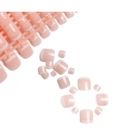 LIARTY 140 Pieces 5 Sets French False Toenails Glossy Press on Toe Nails Short Full Cover Natural Artificial Nail Tips for DIY Nail Art(French nails)
