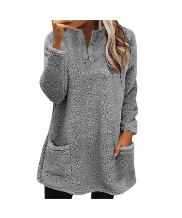 AMhomely Ladies Womens Soft Teddy Fleece Hooded Jumper Plus Size Double Fleece Casual Hoodies With Pocket V Neck Soft Fleece Hooded Sweatshirts Plain Pullover Tops Winter Lightweight Lounge Tops 01 Grey XXL