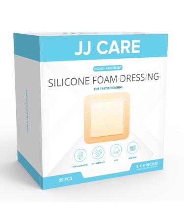 JJ CARE Silicone Foam Dressing [Pack of 20], 4x4 Foam Wound Dressing with Silicone Adhesive Border, Showerproof and Absorbent Medical Bandages