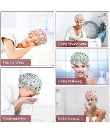 AOOWU Shower Caps 2 Pack Waterproof Bath Caps Large Reusable Shower Hats Elastic Band Double Layers Hair Bath Caps with Soft Ruffled Edge for Women Girls Ladies Spa Salon Home Use 2 Pcs Pink dots + Green dots - Buy Online on SooperMarket.com