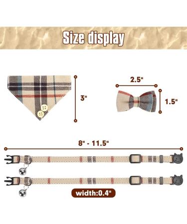 Classic Plaid Bow Tie Cat Collar with Bell - 2 Pack Adjustable Collars for Cats and Small Dogs - Beige Plaid Design - Buy Online on SooperMarket.com