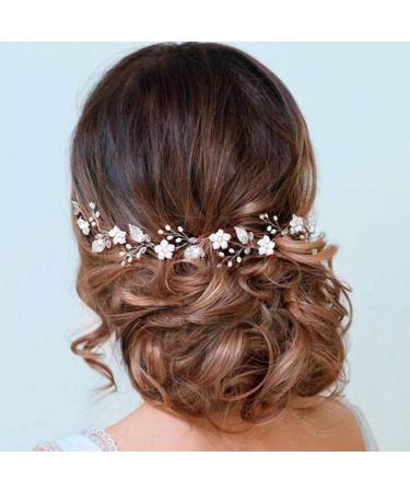 Handcess Flower Bride Wedding Hair Vine Pearl Headpiece Rhinestone Headband Leaf Bridal Hair Accessoreies for Women and Girls (Silver)
