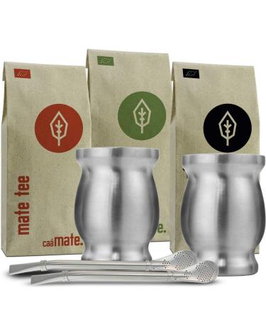 Mate Tea Set Organic 3 types of mate + 2 double-walled stainless steel mate cups + 2 bombillas + preparation instructions (silver)