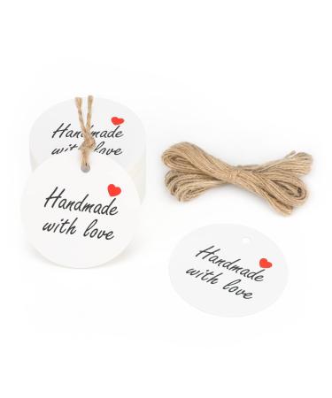 Handmade Gift Tags 2'' Round Tags 100PCS Brown Kraft Hang Tags with Natural Jute Twine Perfect for DIY&Craft, Wedding Party Favor and Birthday Party (White)