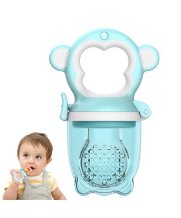 Baby food fruit feeder portable pacifier Fresh food feeder with food -safe soft silicone biting rings with monkey tube handle for babies easy to clean Tomme Tipee Schnuller -Blau