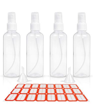 HTHL 4 PCS Set 100ML Spray Bottles Plastic Transparent Mist Spray Bottles with 2 Funnels and 1 Sheet Label Empty Travel Atomiser Refillable Liquid Containers for Perfume Cosmetic and Liquids Clear