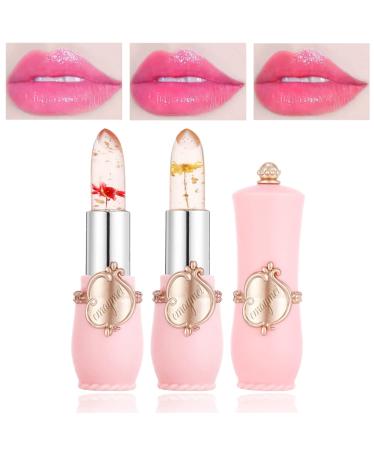 QIUFSSE 2PCS Crystal Jelly Flower Lipstick Labiales Magicos Moisturizer Magic Lipstick Long Lasting Nutritious Lip Balm Color Changing Lipstick Kawaii Makeup Clear Lipstick With Flower Inside Set-B