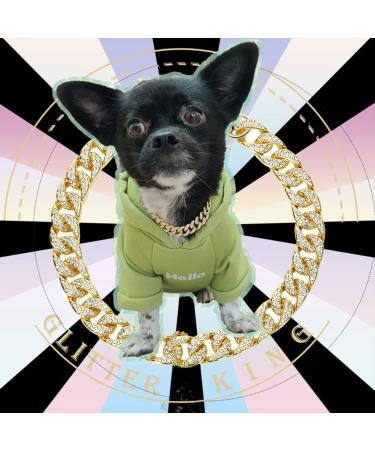 Gold Dog Collar puppy Zircon 14mm Cuban Link Chain 16" Handmade Iced out Diamond Exaggerated Clasp Full Cz Prong Set Pet Jewelry - Buy Online on SooperMarket.com