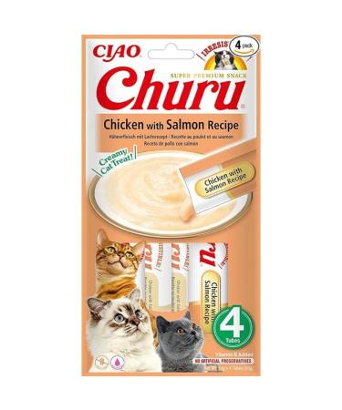 Ciao Churu Sticks by INABA Cat Treat - Chicken with Salmon Recipe Flavour (4 x 14g) / Soft & Creamy Cat Treat Delicious & Healthy Snack Pur e Food Topper Pill Assist Natural Grain Free Chicken & Salmon 14 g (Pack of 4)