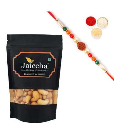 Jaiccha Ghasitaram Rakhi Gifts for Brothers Rakhi Dryfruits - Desi Ghee Fried Salted Cashews 200 GMS in Black Paper Pouch with Rudraksh Rakhi