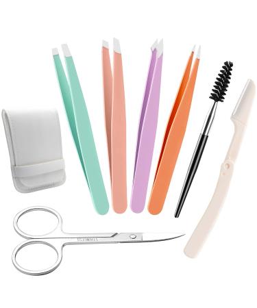 Milishow Eyebrow Tweezer Set Professional Stainless Steel Tweezers for Women & Men Precision Tweezer for Eyebrows Facial Hair with Leather Travel Case(7 PCS)