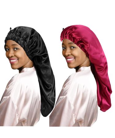LadayPoa 2 Pcs Long Satin Sleep Cap for Women Girls Silky Cap for Sleeping Large Satin Bonnet Single Layer Sleep Cap with Button for Long Curly Hair Protection Black+Red