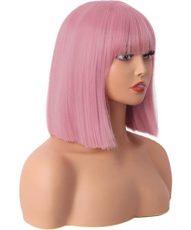 MapofBeauty 12 Inch/30 cm Straight Bob Flat Bangs Short Colorful Synthetic Hair Cosplay Party Wig (Rouge Pink) - Buy Online on SooperMarket.com