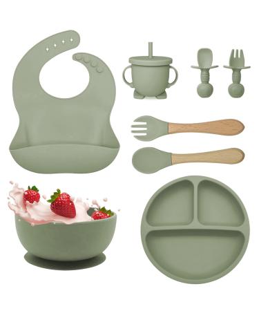 Baby Weaning Set 8pcs Toddler Feeding Set Adjustable Bib with Large Crumb Pouch Suction Bowl Cup Fork and Spoon Baby Feeding Sets Cutlery Set Easy Wipe Clean for Babies and Toddler (Green)