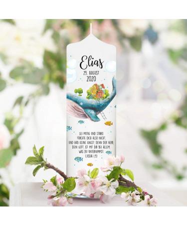 Baptismal candle boy or girl whale fish blue white candle for baptism birth communion white 25 x 7 cm with name date if applicable baptismal saying/baptismal candle 25 x 7 cm (pictured baptismal saying)