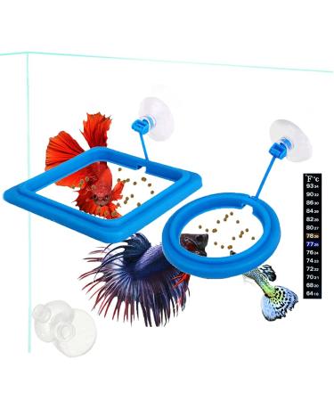 Fish Feeding Ring, Fish Safe Floating Food Feeder Circle Blue, with Suction Cup Easy to Install Aquarium, Square and Round Shape Fish Tank Towels - for Guppy, Betta, Goldfish, Etc A blue