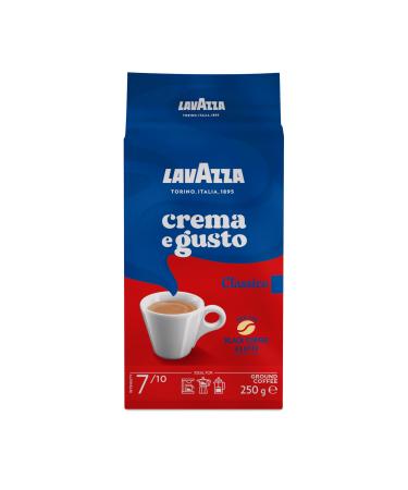 Lavazza Crema e Gusto Classico ground coffee for mocha jans or filter coffee balanced taste intensity 7/10 spicy flavors arabica & robusta dark roasting 10 packs of 250 g Gusto 250 g (10 pack)