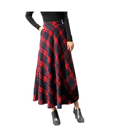 Sanahy Womens High Elastic Waist Maxi Skirt A-line Plaid Winter Warm Flare Long Skirts Vintage Wool Skirt Midi Skirt with Pockets XXL Red