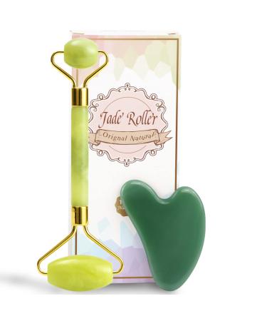 100% Real Natural Jade Face Roller and Gua Sha Set - Anti-aging Facial Roller Jade Stone Massager for Face & Eye Massage, Beauty Skincare Facial Massage Tool