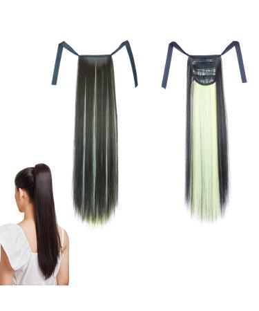 prinfantasy Ponytail Extension Wrap Around Ponytail Hair Extension for Women Long Straight High Heat Synthetic Clip in Hairpiece Green Brown Mix Ombre Hair Extension GBMW044 GBMW044 22 inch