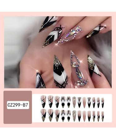 Shop Long Stiletto Press on Nails - Gold Glitter French Tip with Rhinestones | Luxury Artificial Acrylic Fake Nails for Women & Girls | Full Cover Stick-On Manicure Decorations - Buy Online on SooperMarket.com