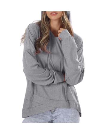 Creoqiji breastfeeding sweater single-colored hoodies for women casual long-sleeved hoodies plain light sweater tops loose blouses women's top 52 gray s