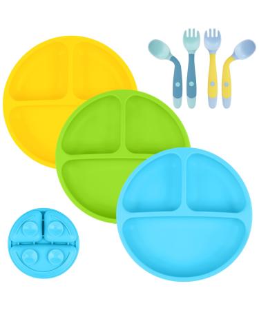 Vicloon Baby Suction Plate 3Pcs Silicone Baby Suction Plates Non Slip Silicone Baby Weaning Plate Divided Dishes for Toddler Kids Self Feeding Fits for Most Highchairs Trays Blue/Green/Yellow