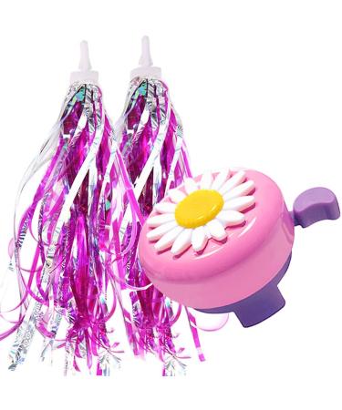 Kids Bike Bell and Streamers for Girls - 1 Pack Flower Bicycle Bell with 2 Pack Bike Streamers for Children's Bike Accessories B-Pink Purple