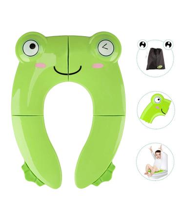 Portable Potty Seat for Toddler Travel - Foldable Non-Slip Potty Training Toilet Seat Cover for Boys Girls, Baby Kids with Drawstring Bag (Green Frog)