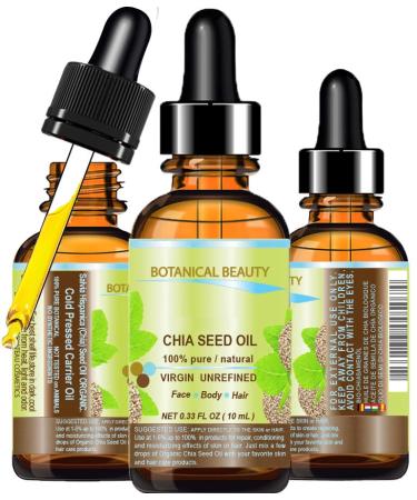 CHIA SEED OIL 100% Pure Natural Virgin Unrefined Cold-pressed carrier oil 0.33 Fl oz 10 ml for Face Skin Body Hair Lip Nails. Rich in vitamin E by Botanical Beauty