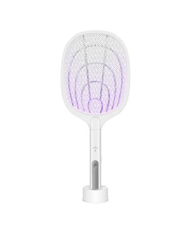 Electric Fly Swatter Racket Powerful Swatter 2 in 1 Electric Fly Killer Rechargeable Killer Lamp Portable Fly Killer Lamp for Indoor and Outdoor (White)
