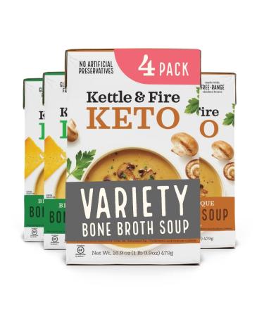Keto Soup with Bone Broth Variety Pack by Kettle and Fire, Pack of 4, 2 Broccoli Cheddar, 2 Mushroom Bisque, Organic Vegetables, Diet Friendly Grocery Food, Snack, Drink