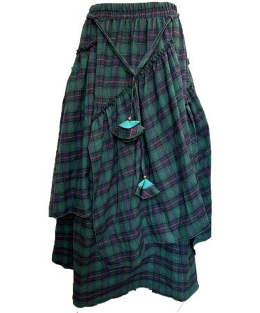 Sanahy Women's Plaid Print Retro A-Line Maxi Skirt - Green | Ankle-Length, Elastic Waist, Fringe Detail - Buy Online on SooperMarket.com