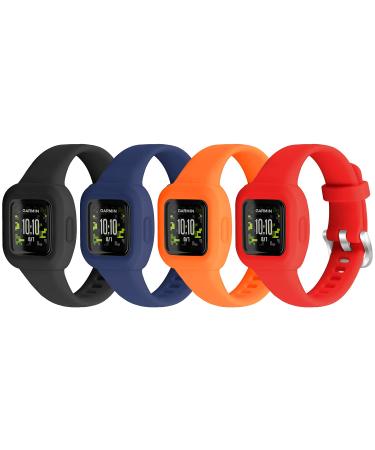 Vanet 4 Pack Compatible with Garmin Vivofit Jr 3 Bands for Kids Soft Silicone Sport Breathable Bands Adjustable Replacement for Girls Boys Black/Navy/Red/Orange