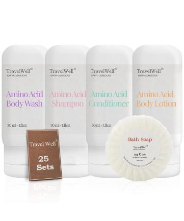 TRAVELWELL Individually Wrapped Body Lotion Body Wash 28g Mini Soap Bars 30ml Hotel Shampoo and Conditioner Supplies for Guests | 25 Set | Travel Size Toiletries | Hotel Toiletries Bulk Set KIT 4