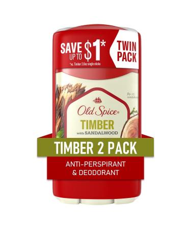 Old Spice Antiperspirant and Deodorant for men 24/7 Sweat and Odor Protection Timber with Sandalwood Scent Invisible Solid Stick Twin Pack 2 x 2.6oz