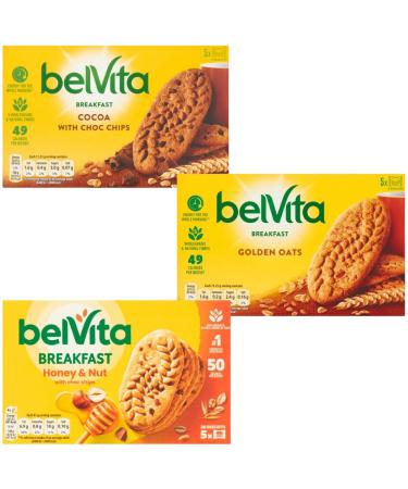 Breakfast Biscuits Bundle With Belvita Cocoa Choc Chips 5x45g Honey & Nuts Choc Chips 5x45g and Golden Oats 5x45g (3 Pack)