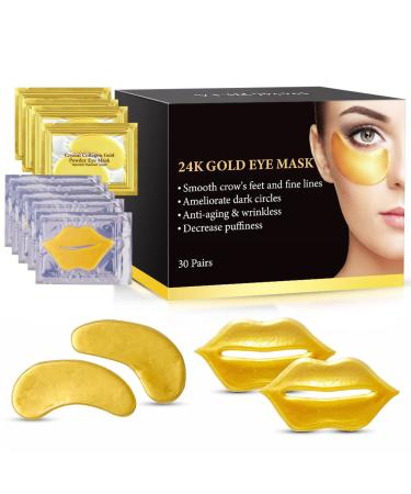 Eye Lip Mask Set -20pcs Under Eye Patches ,10pcs Gold Collagen Lip Mask -24K Gold Crystal Eye Lip Pads Treatment for Dry Lip ,Dark Circles Eyes Moisturizing, Hydrating(Gold Eye Lip Mask Set)