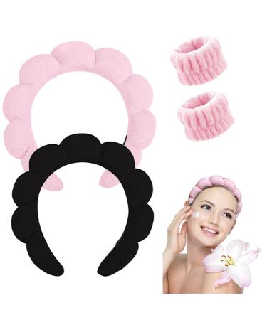 Spa Headband for Washing Face Makeup Headband Bubble Skincare Headbands with Face Wash Wristbands Terry Cloth Headband Soft Puffy Headband for Women Gifts Black+Pink